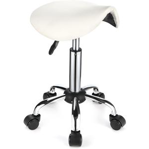 Saddle Rolling Stool with Wheels PU Leather Height Adjustable Swivel Stools Chair White