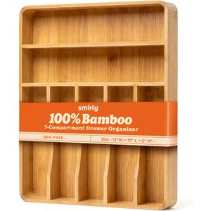 SMIRLY Silverware Drawer Organizer  Bamboo Kitchen Drawer Organizer, Adjustable Utensil Holder and Cutlery Tray, Drawer Dividers for Flatware and Kitchen Utensils (7 Slot, Natural)