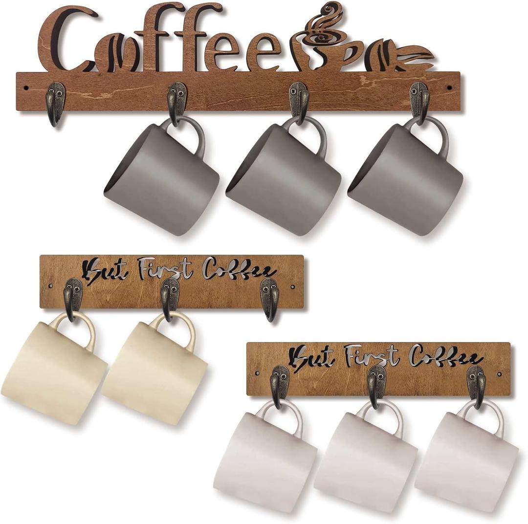 3 Pack Wall Mounted Mug Rack with 10 Sturdy Hooks, Wooden Kitchen Wall Decor, Mug Organizer for Kitchen, Coffee Bar, Office