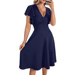 LYANER Women's Warp V Neck Ruffle Short Sleeve A Line Swing Flared Cocktail Party Midi Dress (Pure Dark Blue)