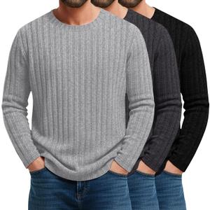 August Alley 3 Pack Men's Long Sleeve T-Shirts Ribbed Knit Top Pullover Crewneck Casual Sweater Stretchy Undershirt Tee (Light Gray, Charcoal Gray, Black, X-Large)
