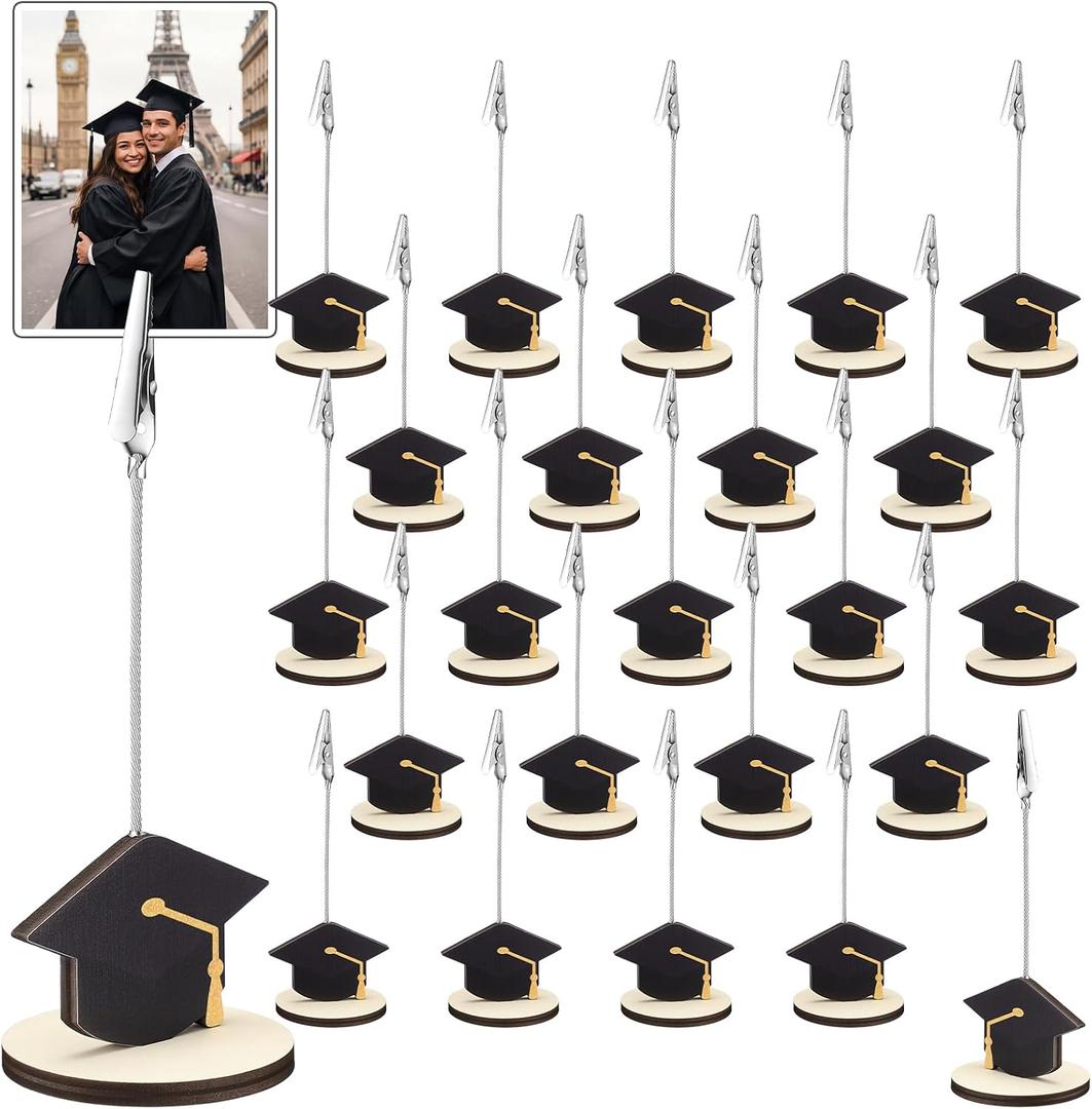 RattanView 24 Pcs Grad Cap Graduation Picture Display 5.5 Inch Grad Wooden Photo Holders for Centerpieces Graduation Table Card Number Clips Stands for Class of 2026 Party Supplies