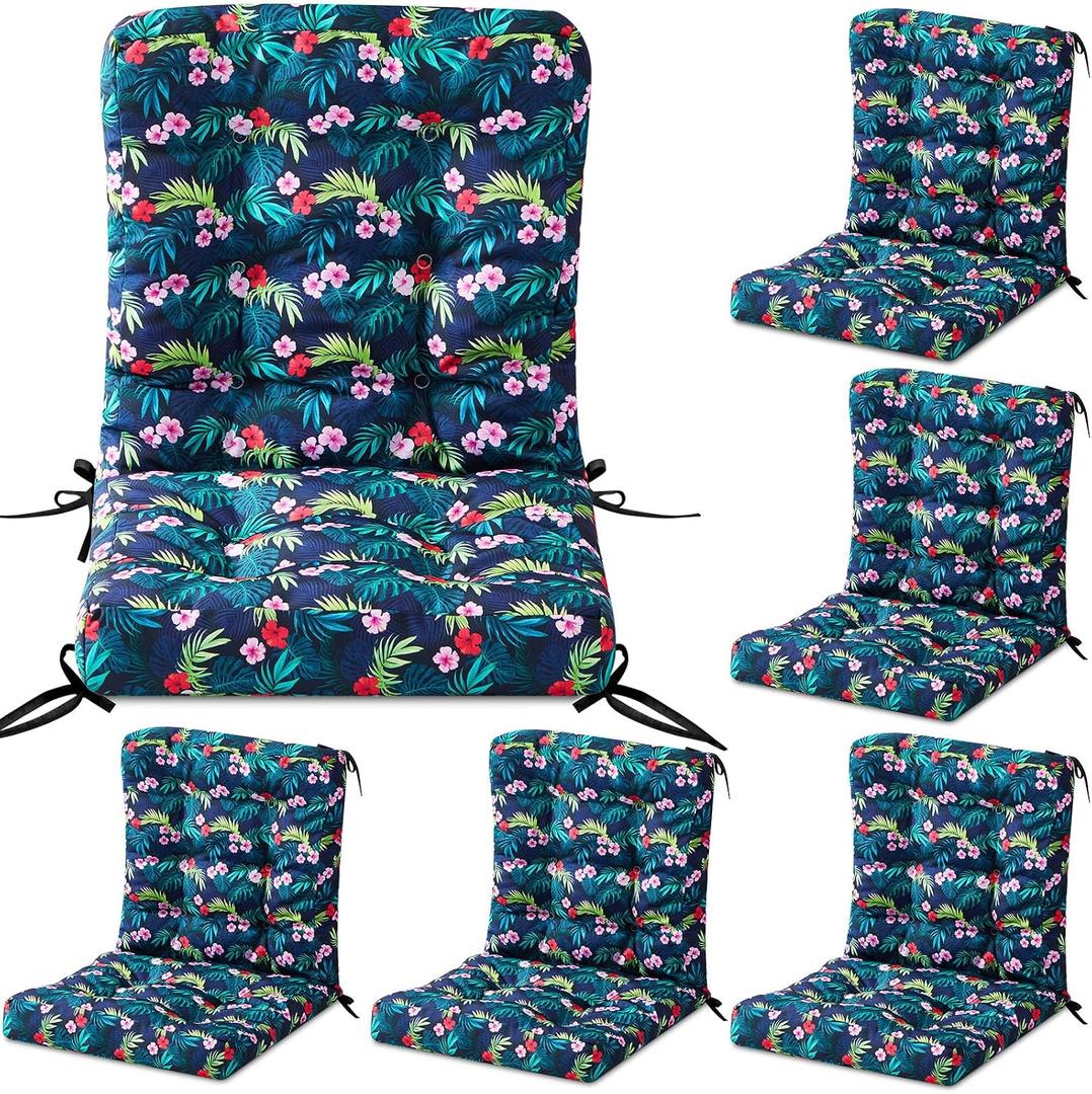Hoteam 6 Set Outdoor Patio Chair Cushions 20 x 42 in Deep Seat Waterproof Patio Cushions Set for Furniture Replacement Removable Seat and Back (Black Plumeria)