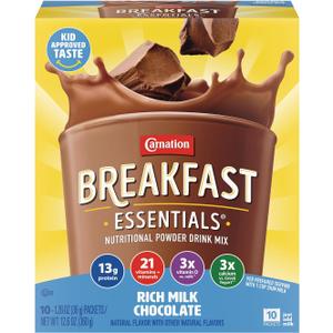 Carnation Breakfast Essentials Powder Drink Mix Rich Milk Chocolate, 10 Count Box of 1.26 Ounce Packets (Pack of 6) (EXP 05/12/27)