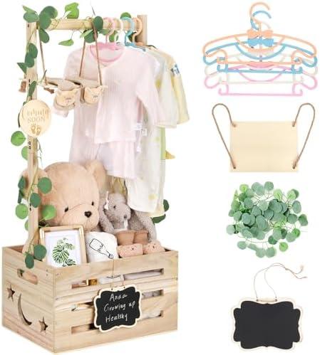 ELESTONE Wooden Baby Shower Crate Closet with Adjustable Handle & Garland, Large Personalized Baby Shower Basket Clothes Hangers Rack Storage Box, Pregnancy Gifts for New Parents Newborn Boy Girl