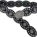 INOGIH Womens Wide Western Cowboy Disc Belt Vintage Cowgirl Concho Leather Belts Boho Style for Jeans Dress Skirt (For Waist 28-38 in, Black)