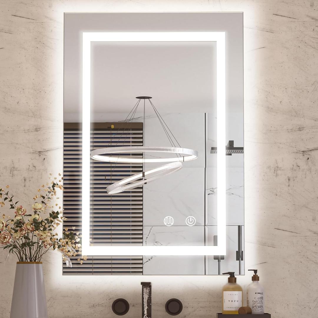 24"x36" LED Bathroom Mirror with Lights, Front Light and Backlit, 3 Colors Dimmable Led Vanity Mirror for Bathroom, Anti-Fog, Memory, Double LED Wall Mirrors with Tempered Glass(Horizontal/Vertical)