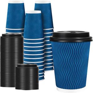 Lamosi Disposable Coffee Cups with Lids 12 OZ 50 Pack, Insulated Paper Coffee Cups with Lids, Corrugated Ripple Wall To Go Coffee Cup with Lid for Hot Beverages (Blue)