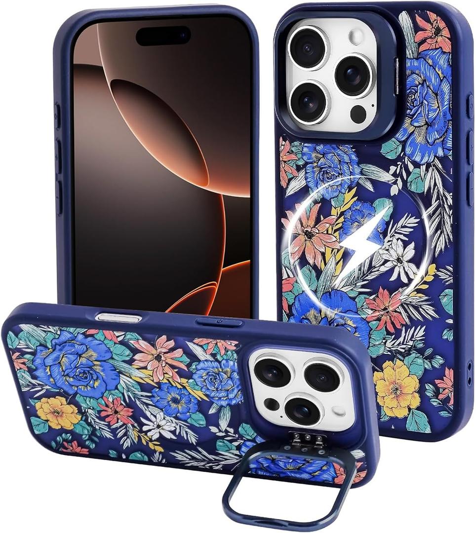 3 x J.west Compatible with iPhone 16 Pro Max Case 6.9" Case,Leopard Compatible with Magsafe with Kickstand Shockproof Bumper Animal Rugged Clear Phone Cover Cases (Navy Blue Roses, for iPhone 16 Pro Max)