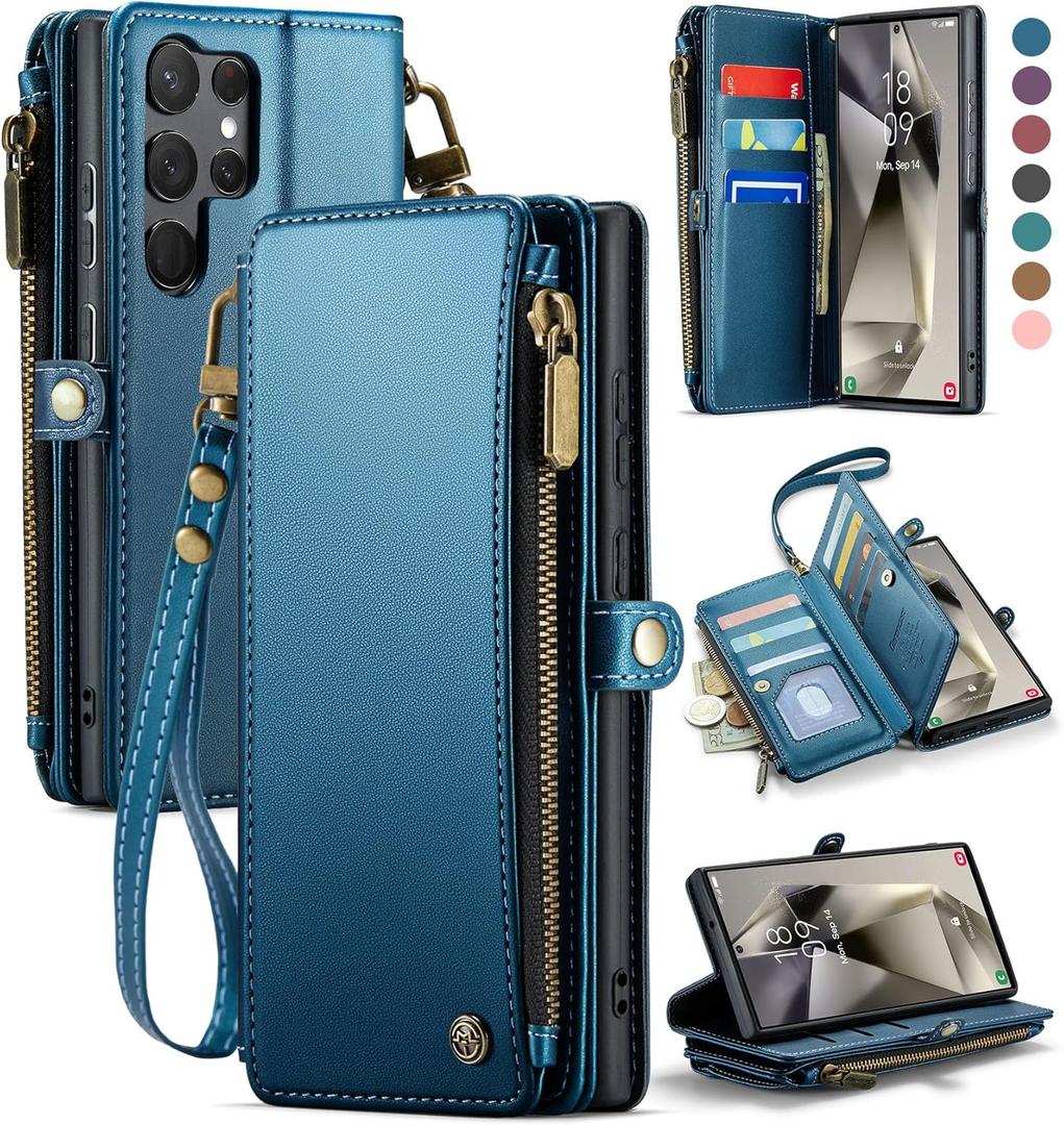 Defencase Compatible with Samsung Galaxy S23 Ultra Case Wallet with RFID Blocking Card Holder for Women Men, PU Leather Magnetic Snap Flip Zipper Strap Phone Case Fit for Galaxy S23 Ultra 5G, Blue