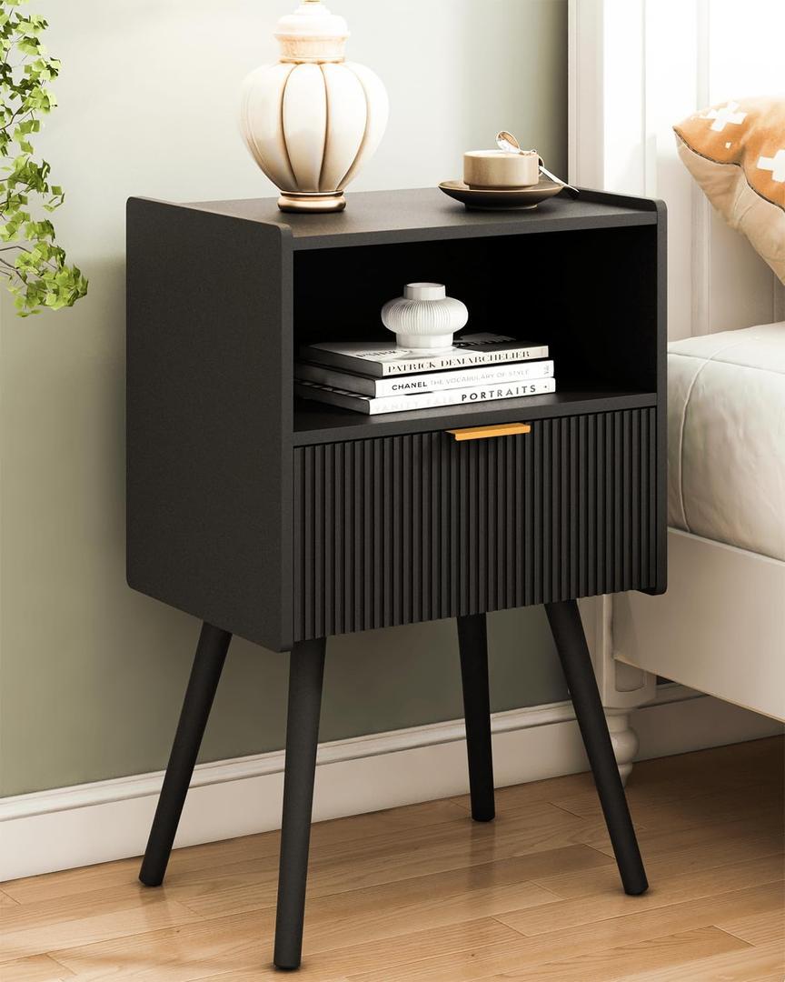 JOONEE Black Nightstand,Modern Bedside Table with Storage Drawer and Open Wood Shelf, for Living Room, Bedroom and Small Spaces, Accent Night Stand with Solid Wood Legs, Easy Assembly,Classic Black, 16.5 inches x 11.8 inches x 25.6 inches