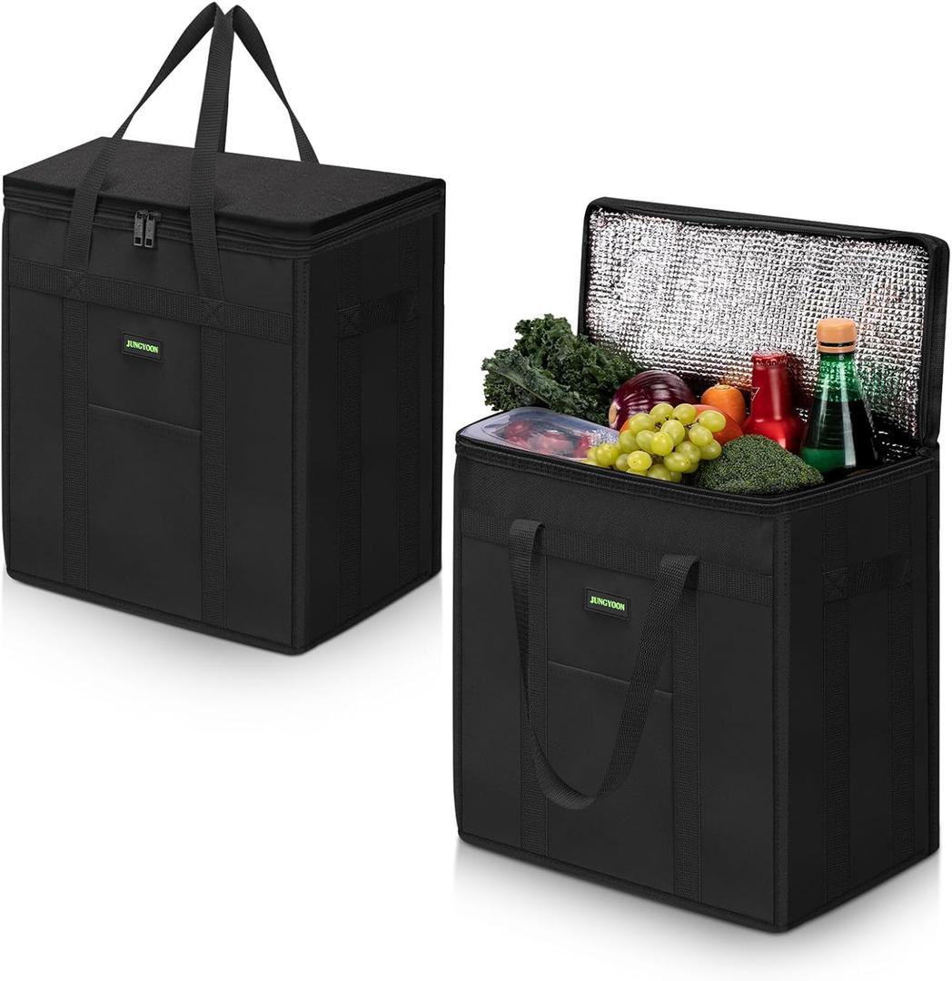 JUNGYOON 2-Pack Heavy-Duty Insulated Grocery Bags & Insulated Bag  Collapsible Cooler Bag with Zippered Top | Reusable Shopping Bags for Groceries, Picnics, Easy Storage(M Black)