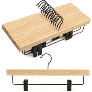 TOPIA HANGER Pants Hangers 10 Pack, Wooden Clothes Hangers with Black Clips and Rotatable Hook, Durable Natural Rubber Wood Hangers for Skirts, Pants, Jeans, Shorts - CTS02N