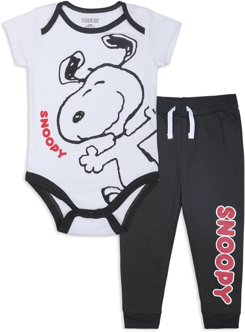Peanuts Snoopy Boys Short Sleeve Bodysuit and Pants Set for Newborn and Infants (White)