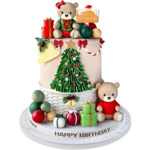 14pcs Christmas Cake Topper Merry Christmas Cake Topper with Bear Gifts Balls Cake Decorations for Winter Xmas Theme Birthday Happy New Year Party Decorations