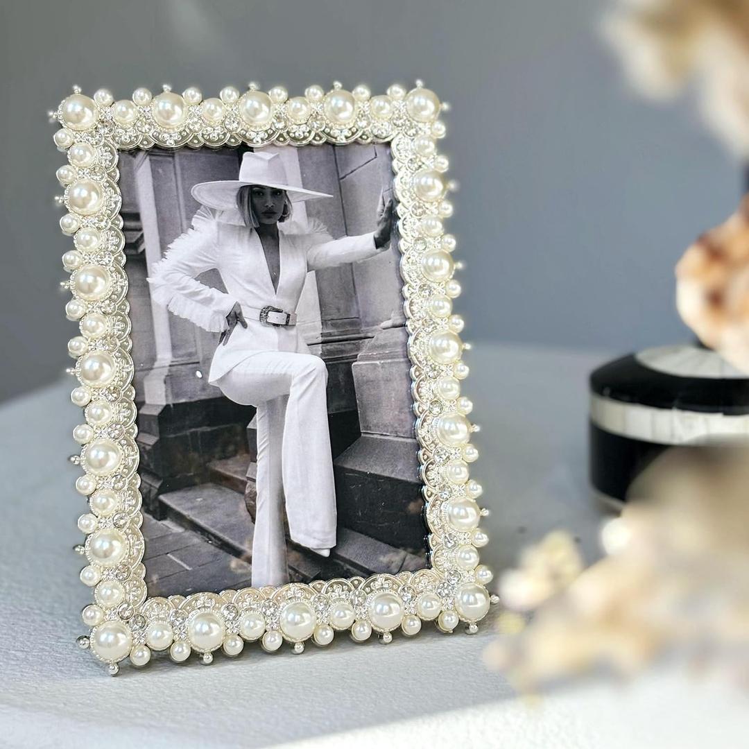 4x6 Picture Frames Romantic and luxurious fashion style, with silver border inlaid with three-dimensional pearls, Tabletop or Wall Mounting Display