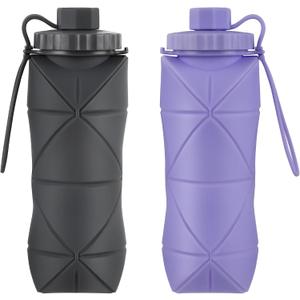 Silicone Collapsible Water Bottles, Lightweight Reusable Leakproof For Traveling Camping Hiking Cycling Sports Outdoor, Foldable Portable Travel Water Bottle 600ML Dark Grey And Purple 2Pack.