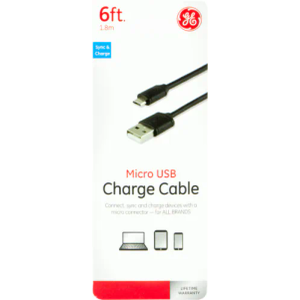 GE Micro USB Charge Cable - Black, 6 ft 