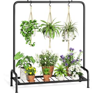 Plant Stand Outdoor Tall 40'' Plant Shelf For Patio Metal Plant Rack Flower Pot Clearance With 3 Hooks (32"D x 13"W x 40"H)