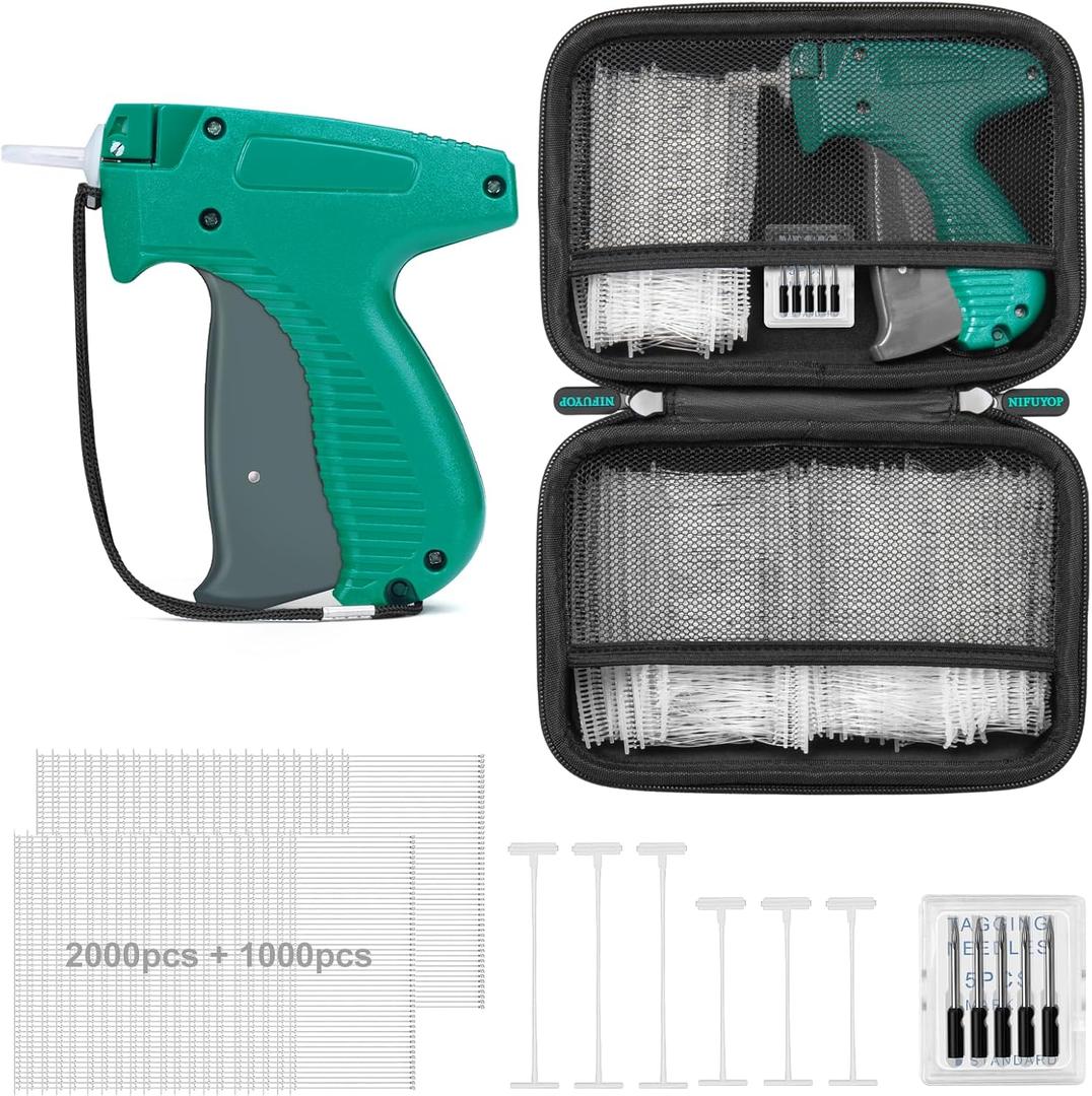 Tagging Gun for Clothing, Price Tag Gun for Clothes Labeler with Case, Standard Price Tagger Retail Garment Attacher with 6 Needles, 2000 2"+1000 1.35" Fasteners for Store Warehouse Yard(Not Mini) (Black Green)