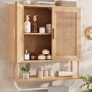 Bathroom Storage Cabinet with Towel Bar, Over the Toilet Storage Shelf, Medicine Cabinet with Adjustable Wood Shelf & Doors for Laundry Room & Kitchen & Living Room (Natural Oak), 8"D x 23.5"W x 24.5"H