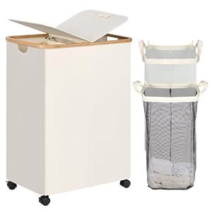efluky Double Laundry Hamper with Wheels, Divided Laundry Hamper with Removable Bags, 2 Section Dirty Clothes Basket with Handles for Bathroom, Bedroom & Laundry Room, 160L Beige
