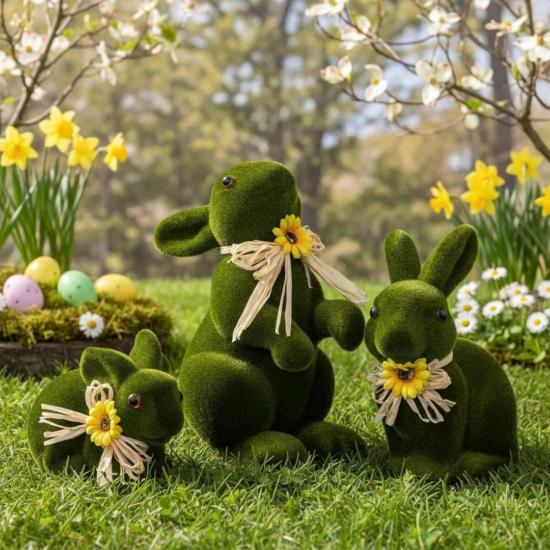 Lanpn 3PCS Flocked Bunny Easter Decorations, Multi-Posed Moss Green Rabbit Figurines for Easter Centerpieces, Spring Tabletop & Shelf Decor, Seasonal Gift (Moss Green)