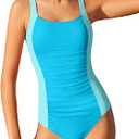 Girl Swimsuit One Piece Bathing Suit for Girls Solid Color Ruched Adjustable Straps Padded Swimwear (17-18 Years, Light Blue)