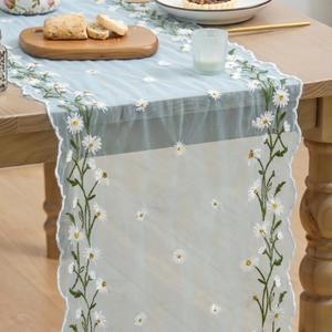 Artoid Mode Daisy Floral Sky Blue Shaped Gauze Embroidery Table Runner 120 Inch 10FT, Tulle Spring Summer Kitchen Dining Table Decor for Home Party