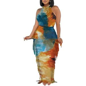 Euulin Women's Sexy 2 Pieces Dress Outfits Halter Neck Backless Crop Tops Long Bodycon Fringe Skirt Sets Night Club Party Mottled S