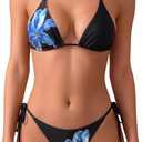 MakeMeChic Women's Polka Dots Triangle Thong Bikini Sets Floral Cute Bathing Suit Swimsuits (Black Blue Flower, XS)