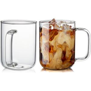 Glass Coffee Mugs, 12 oz iced coffee cups, Clear Tea Cups Set of 2, Glass Mugs with Handles, Glass Cups for Latte, Cappuccino, and Tea