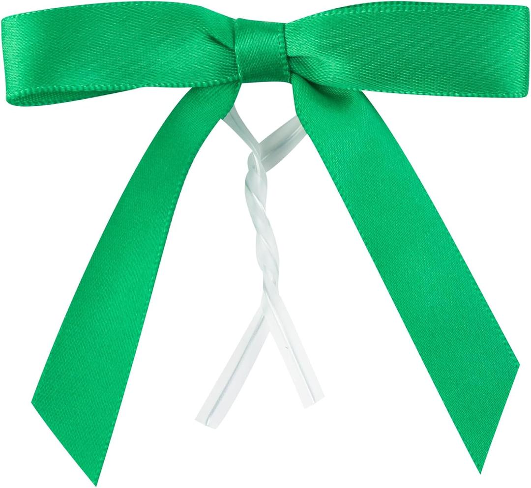 Restaurantware-3 x 2.5 Inch Satin Ribbon Bows, 4000 Twist Tie Bows - Pre-Tied, Vibrant, Emerald Green Polyester Gift Wrapping Bows, For Treat Bags, Crafts, Packages, Decoration
