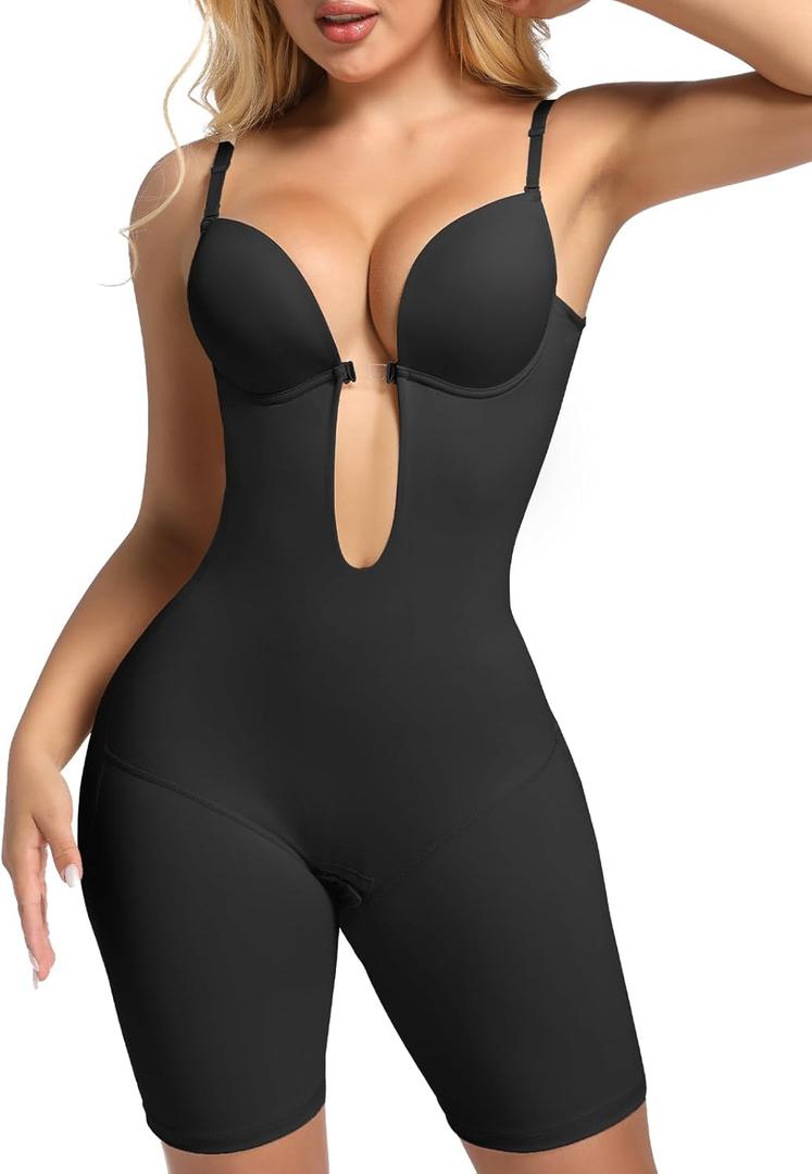 Decorus Backless Plunge Shapewear Bodysuits - Women Low Back Body Shaper Full Body Tummy Control Built in Bra With Plunge (X-Large, Black)
