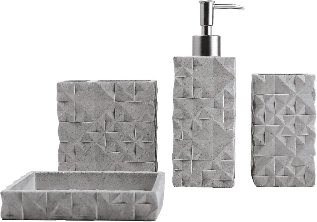 Hymmah Bathroom Accessories Set,Toothbrush Holder,Farmhouse Bathroom Decor,4 Pcs Resin Gift Set Apartment Necessities, Contain Toothbrush Cup,Soap Dispenser,Soap Dish,Tumbler (Diamond Pattern Gray)