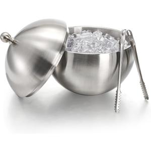 Yesland Ice Bucket with Lid, Double Insulation Ice Box Container Storage Box, 2 L Stainless Steel Ice Bucket Container with Ice Tong Scooper, Spherical Wine Champagne Barrel for Home Party Bar
