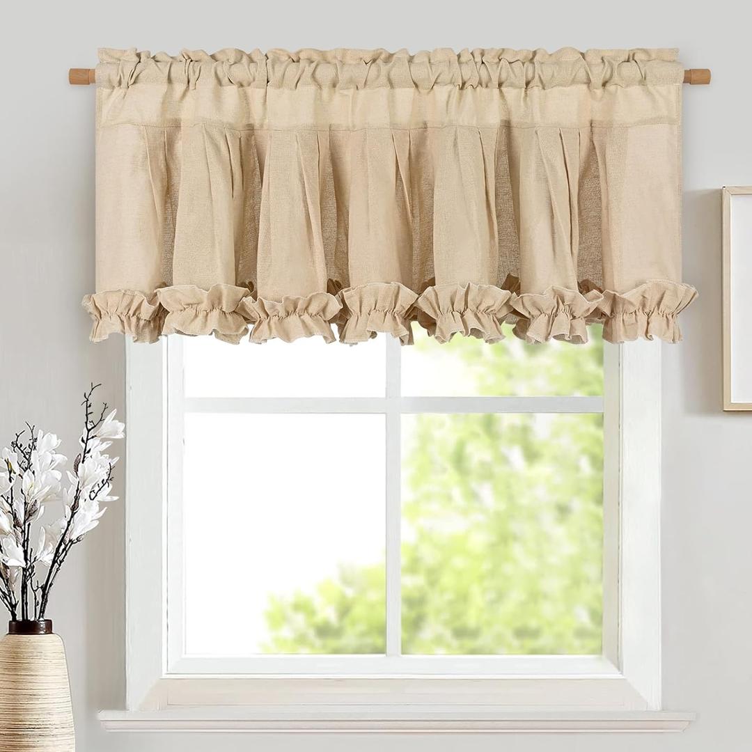 Likiyol Linen Valances for Windows Farmhouse Window Valances with Ruffle Rustic Country Light Filtering Kitchen Valance Curtains Rod Pocket Valance for Bathroom Cafe, Linen, 52" W X 18" L