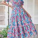 PRETTYGARDEN Women's Boho Floral Print Summer Dresses Square Neck Puff Sleeve A Line Long Dress Smocked Casual Maxi Dress (Silver, XL)