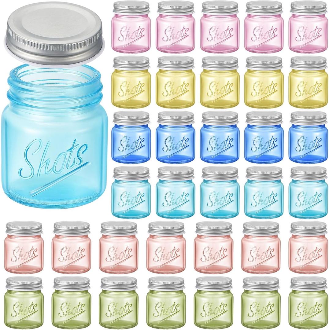 Tessco 36 Pcs Mini Mason Jar Shot Glasses with Lids 2 Oz Dishwasher Safe Mason Shooter Glass for Wedding Party Favors Home Bar Drinks Favors Desserts (Fresh Color)