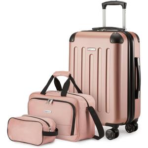 Amazon Basics 3-Piece Luggage Set, Including One Carry-On Luggage (22" Expandable Hardside Suitcase With 8 Spinner Wheels), One 15-inch Tote Bag, and One 10-inch Compact Travel Bag, Rose Gold