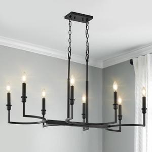 8-Light Black Chandelier Rectangular Dining Room Chandelier Over Table Metal Candle Chandelier Light Fixture Retro Black Island Lighting 37in