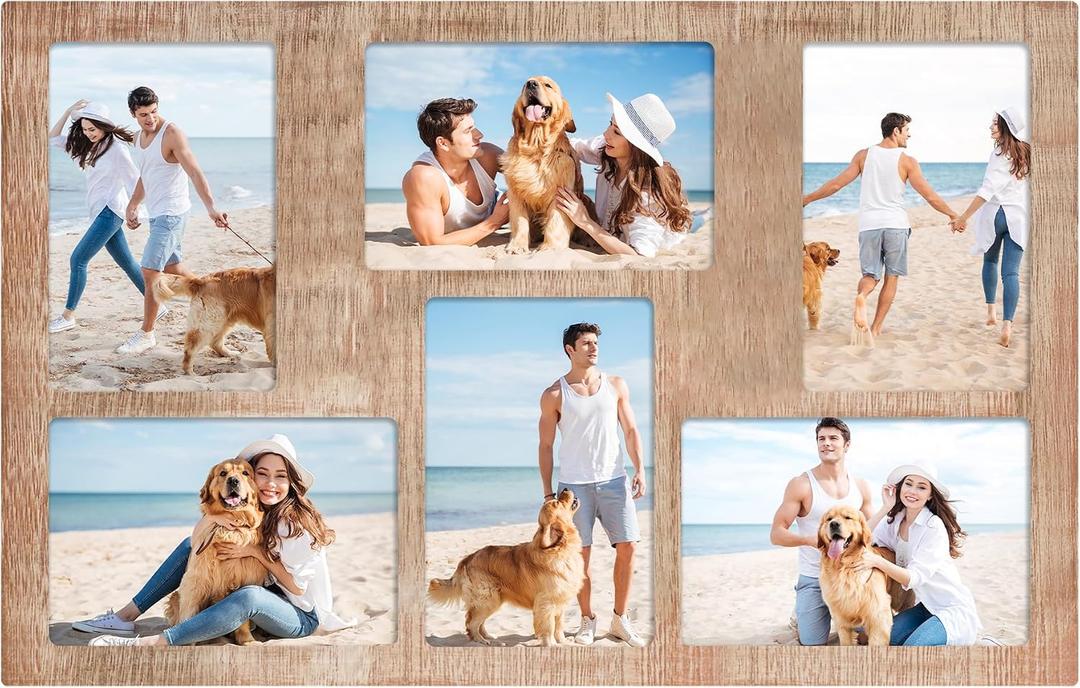 YESKAY 6 Picture Frame Collage 4x6 for Wall Decor,6 Opening 4 x 6 Collage Photo Frames Rustic Brown Multiple Picture Frames with Real Glass 1 Pack(OD:11X17in)