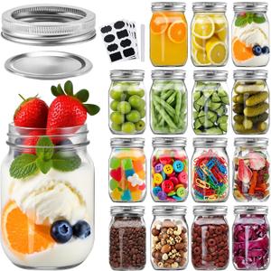 16pack 16oz Mason Jars with Airtight Lids and Bands, Regular Mouth Pint Canning Jars, Clear Glass Jars Ideal for Canning, Pickling, Meal Prep, Jam, Honey, Shower/Wedding Favors, Labels & Pen Included