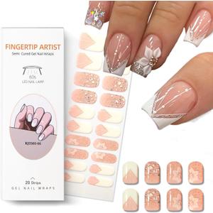 Semi Cured Gel Nail Strips French Tip Gel Nail Strips Whhite Flower Stickers Glitter Wraps Need UV/LED Light Salon Quality & Easy to Use for Women 20 Pcs (Pink Tp2025-4)