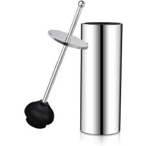 Chrome Toilet Plunger with Holder Bathroom Metal Canister Holder Drip Cup, Heavy Duty, Deep Cleaning Silver