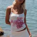 Multitrust Women Sleeveless Floral Crop Tank Tops Slim Fit Y2K Spaghetti Strap Going Out Tops Scoop Neck Vintage Grunge Cami Top (E White, L), Large