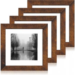 iRahmen 8x8 Picture Frame Set of 4 with HD Glass, Display 6x6 Pictures with Mat or 8 x 8 Without Mat, Rustic Wood Photo Frame for Wall Mount and Tabletop Display (Dark Brown)