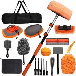 21Pcs Car Wash Kit with 60" Heavy-Duty Extension Pole, Soft Car Wash Brush, Wheel & Tire Brush, Scratch-Free Car Mop Mitt & Window Squeegee, Detailing Tool for Car Exterior & Interior Cleaning