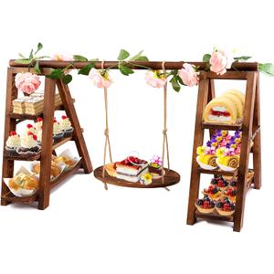 3 Tier Wooden Cupcake Stand with Swing and Flower Decoration, Large Dessert Stands with Serving Tray, Removable Trays, Foldable Ladder Food Display Set for Cake Snack Fruit Chips Bread Centerpieces