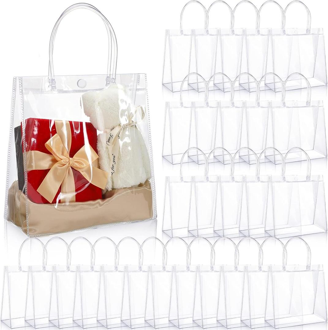 Saintrygo 80 Pcs Clear Plastic Gift Bags with Handles Small Transparent PVC Reusable Tote Gift Bags for Shopping Wedding Favor(7.9 x 7.9 x 3.2 Inch) (1 Count (Pack of 80))